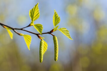 Close-up of new birch buds on a spring day