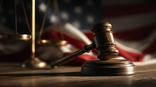 Solemn scene of justice featuring gavel, scales, and american flag backdrop