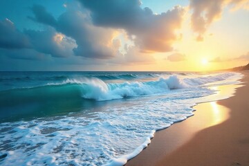 Powerful Ocean Waves Crashing on Sandy Beach Under Vibrant Sky ? Stunning Seascape Photography