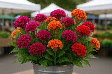 Obraz premium A display of a bucket filled with vibrant crested cock's comb flowers at a local farmers' market