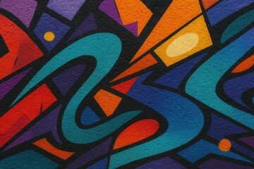 Vibrant mural art showcasing modern graffiti styles with colorful abstract designs on city walls. Urban artistic expression and contemporary culture. Artistic wall label featuring dynamic graffiti