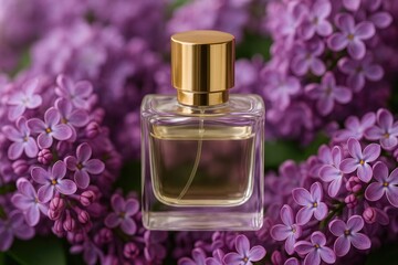 A container of fragrance surrounded by violet lilac blossoms