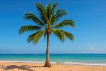 Fototapeta premium A tropical palm stands tall beneath a clear blue sky near the ocean