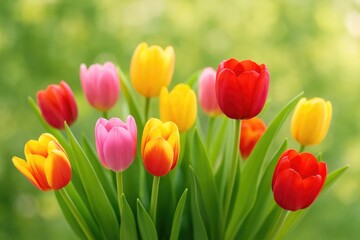 A vibrant assortment of seasonal spring tulips in a bouquet