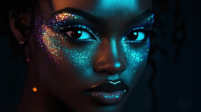 Glitter makeup glowing skin dramatic lighting close up creative beauty dark background bold look confident expression fashion artistic portrait vibrant color artistic expression sparkle creative