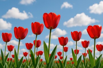 Fototapeta premium Vivid red tulips blooming beneath a clear sky