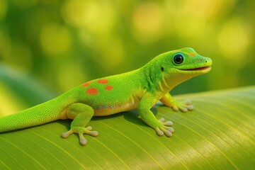 Fototapeta premium A vibrant green day gecko adorned with red and blue markings is frequently seen in warm, tropical regions.