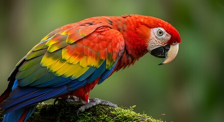 Obraz premium Beautiful scarlet macaw showcasing vibrant plumage against a lush green rainforest background in Costa Rica.