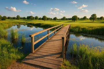 Naklejka premium A quaint wooden footbridge spans a serene marsh during a picturesque summer sunset