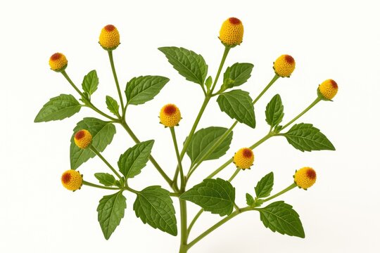 A collection of flowers and branches from Acmella oleracea against a white backdrop