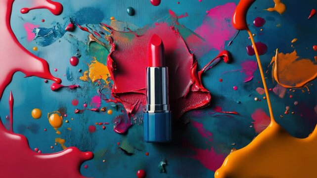 Red lipstick vibrant color cosmetic beauty makeup creative splash paint artistic modern style bold glamour fashion elegance abstract colorful female accessory luxury shiny glossy trend vivid