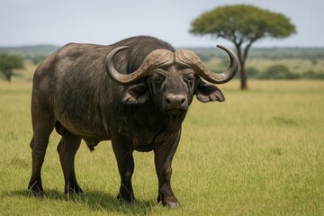 Obraz premium Ancient majestic cape buffalo grazing freely on a vast grassland