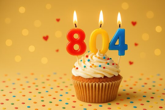 Celebrating a special milestone with a birthday cupcake featuring lit candles shaped as the number 804