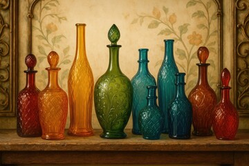 Vibrant and colorful glass containers displayed on a wooden shelf