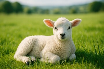 Obraz premium A sheep resting peacefully in a grassy field