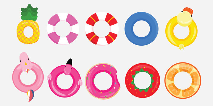 Collection of Colorful Pool Floaties for Summer Vibes and Beach Fun flamingo, duck, unicorn