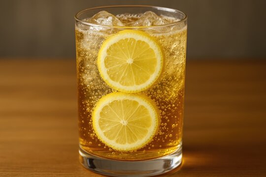 A photograph showcasing a tall glass filled with a citrus drink and fresh lemon slices