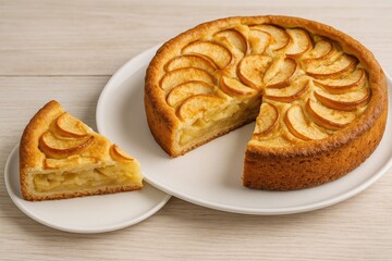 Fototapeta premium A warm apple pie alongside a slice of cake on a white dish against a light wooden surface