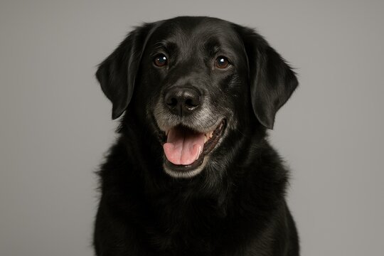 Studio portrait of a black mixed breed dog combining flatcoated and labrador traits on a grey background.