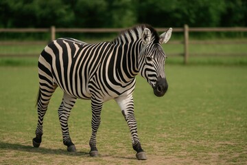 A striped zebra roams freely in a fenced enclosure