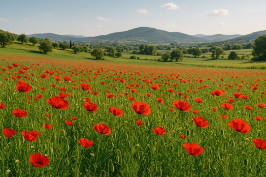 Springtime countryside scene featuring blooming poppies