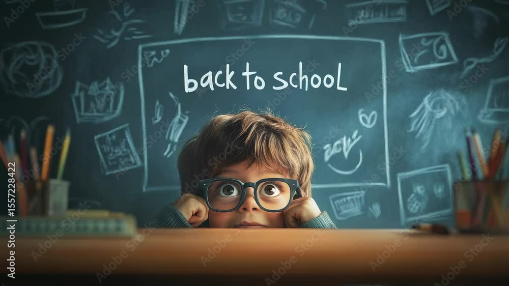 Poster surprised elementary school student wearing big eyeglasses is sitting at a desk in a classroom with 