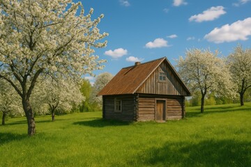 Obraz premium Vintage cottage amidst weathered trees and lush greenery