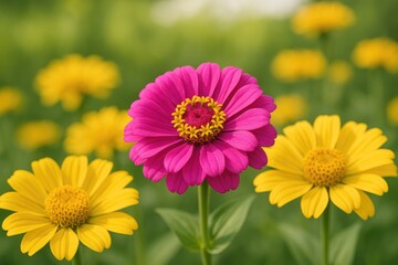 A stunning pink blossom surrounded by vibrant yellow blooms