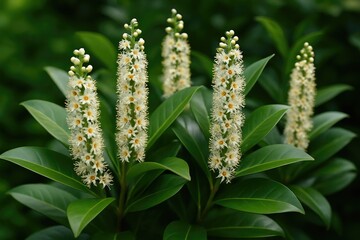 Detailed view of a lush cherry laurel shrub with blossoms and foliage in a garden setting, scenic background with sharp focus