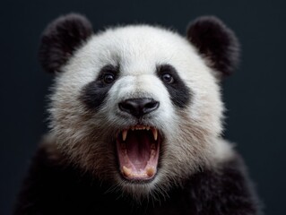 Close-up of a roaring panda bear with its mouth wide open, showing sharp teeth against a dark background. Ideal for wildlife, conservation, and emotional animal portraits.