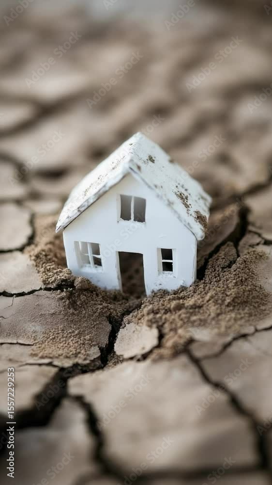 Poster Earthquake simulation showing a miniature house slowly sinking into the ground due to a seismic wave, highlighting the devastating effects of natural disasters on properties