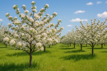 Fototapeta premium Springtime in a blossoming orchard filled with white and pink flowers