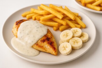 A dish featuring a creamy white sauce served with crispy fries
