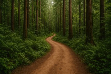 Naklejka premium A winding trail winds through a thick woodland, lined with towering trees and vibrant foliage, guiding into the forest interior.