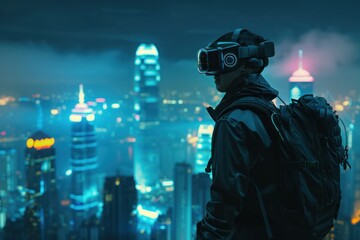 Person wearing virtual reality headset overlooking a city at night.