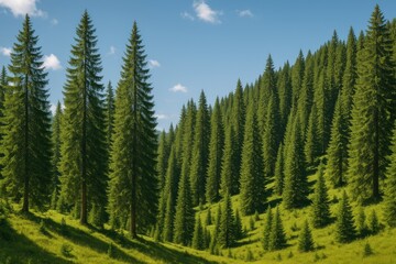 Obraz premium Lush coniferous woodland on mountain slopes during a sunny summer day