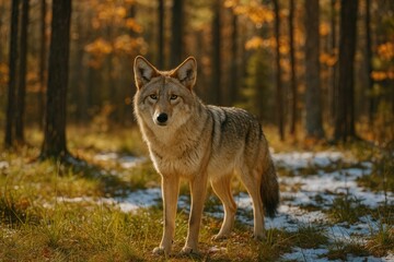 Fototapeta premium A solitary coyote wandering through the forest