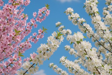 Vibrant springtime scene featuring blooming cherry and apple trees adorned with colorful flowers