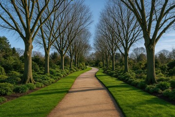 A winding trail through a vibrant garden flanked by leafless winter elms