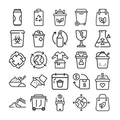 Collection of Line Art Icons Representing Recycling Waste Management and Environmental Awareness