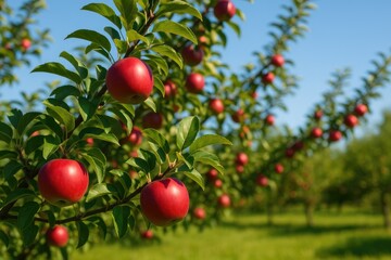 Obraz premium Bright sunlight shining on apple tree branches with fruit
