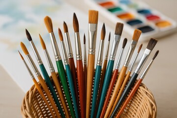 Fototapeta premium Collection of diverse paintbrushes stored in a basket