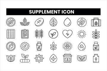 Set of  outline icons related to supplement Linear icon collection. Editable stroke. Vector illustration