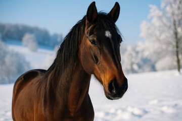 Fototapeta premium Elegant equine revels in winter's snow and sunshine