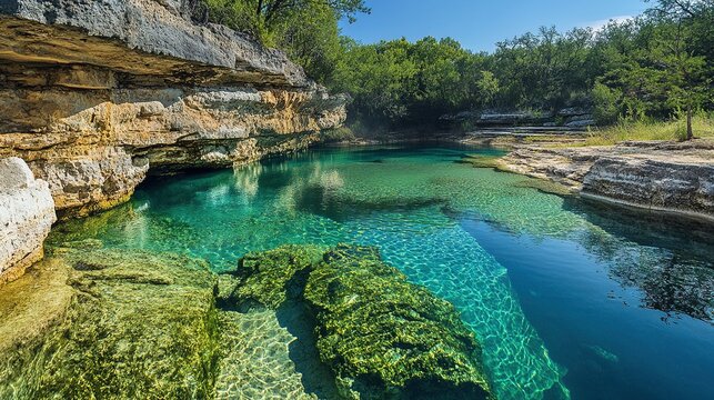Texas Hill Country limestone pool in spring: clear blue water, underwater rock visibility ideal for swimming spots promotion