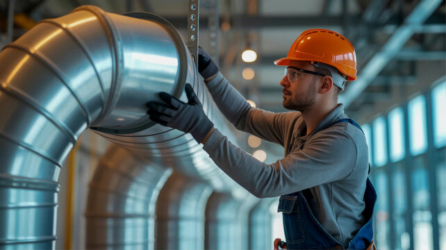 A skilled HVAC technician in safety gear inspects reflective metal ductwork in a brightly lit modern industrial space with precision
