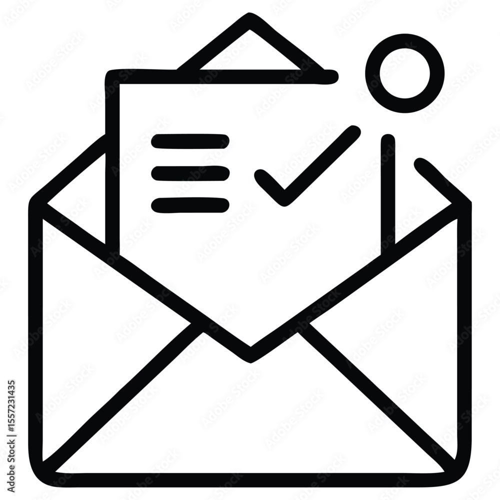 Poster outline of open envelope with document, checkmark, and notification circle