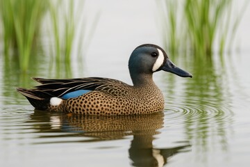 Fototapeta premium A vibrant blue-winged teal duck gliding through a wetland habitat