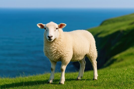 A white sheep standing against a vibrant blue ocean and lush green cliff backdrop