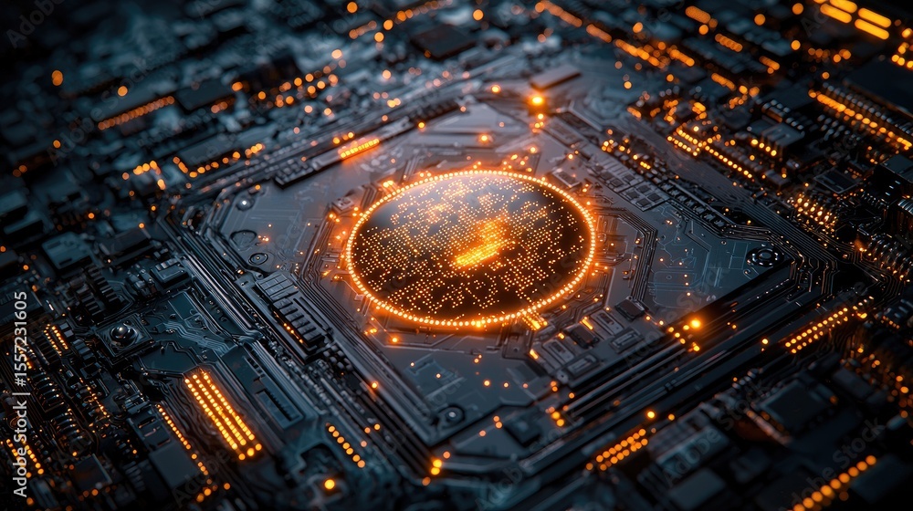 Poster detailed close-up view of a circuit board with glowing components.